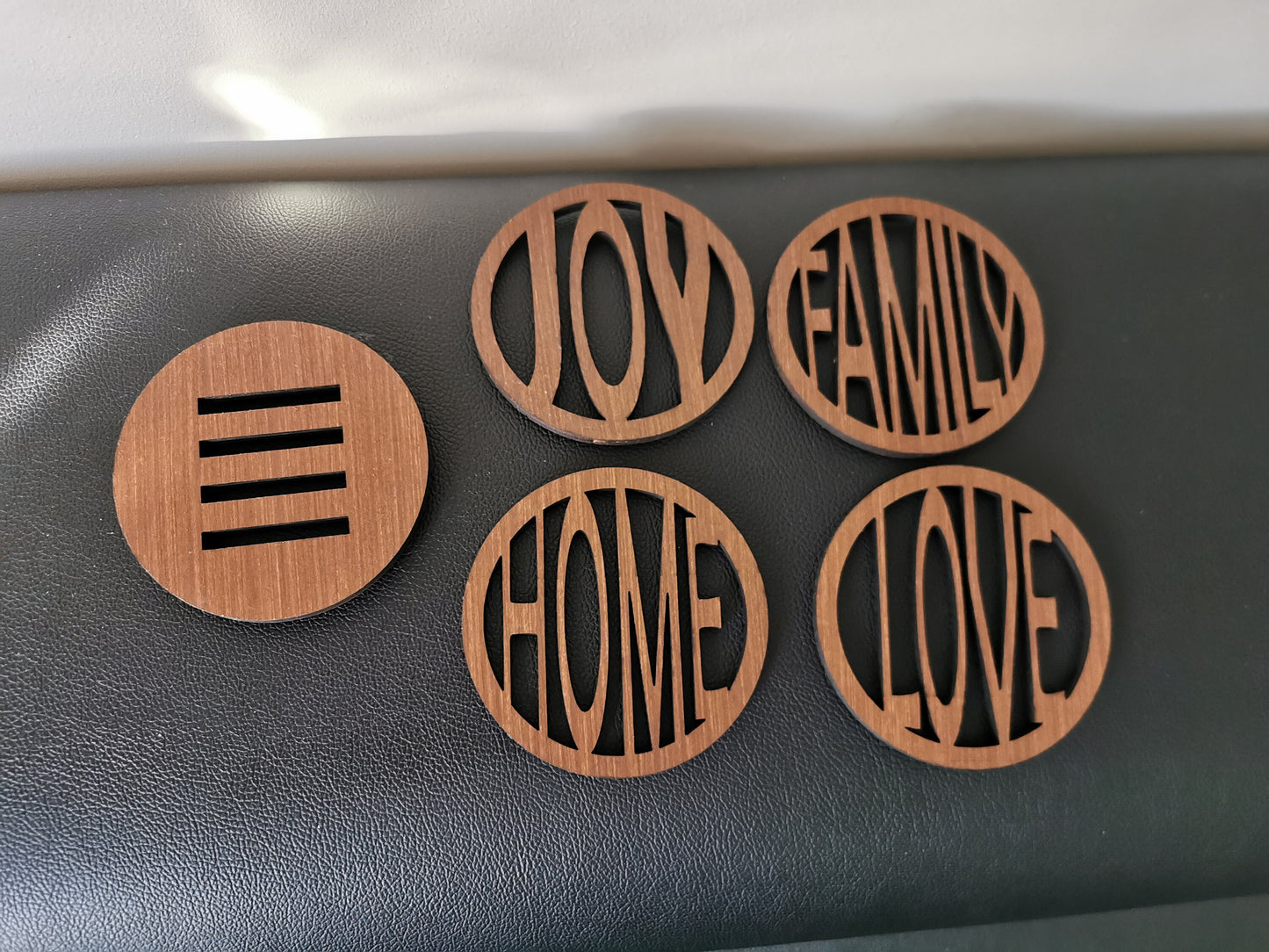 Set of 4 Coasters - Family, Love, Home and Joy - with holder