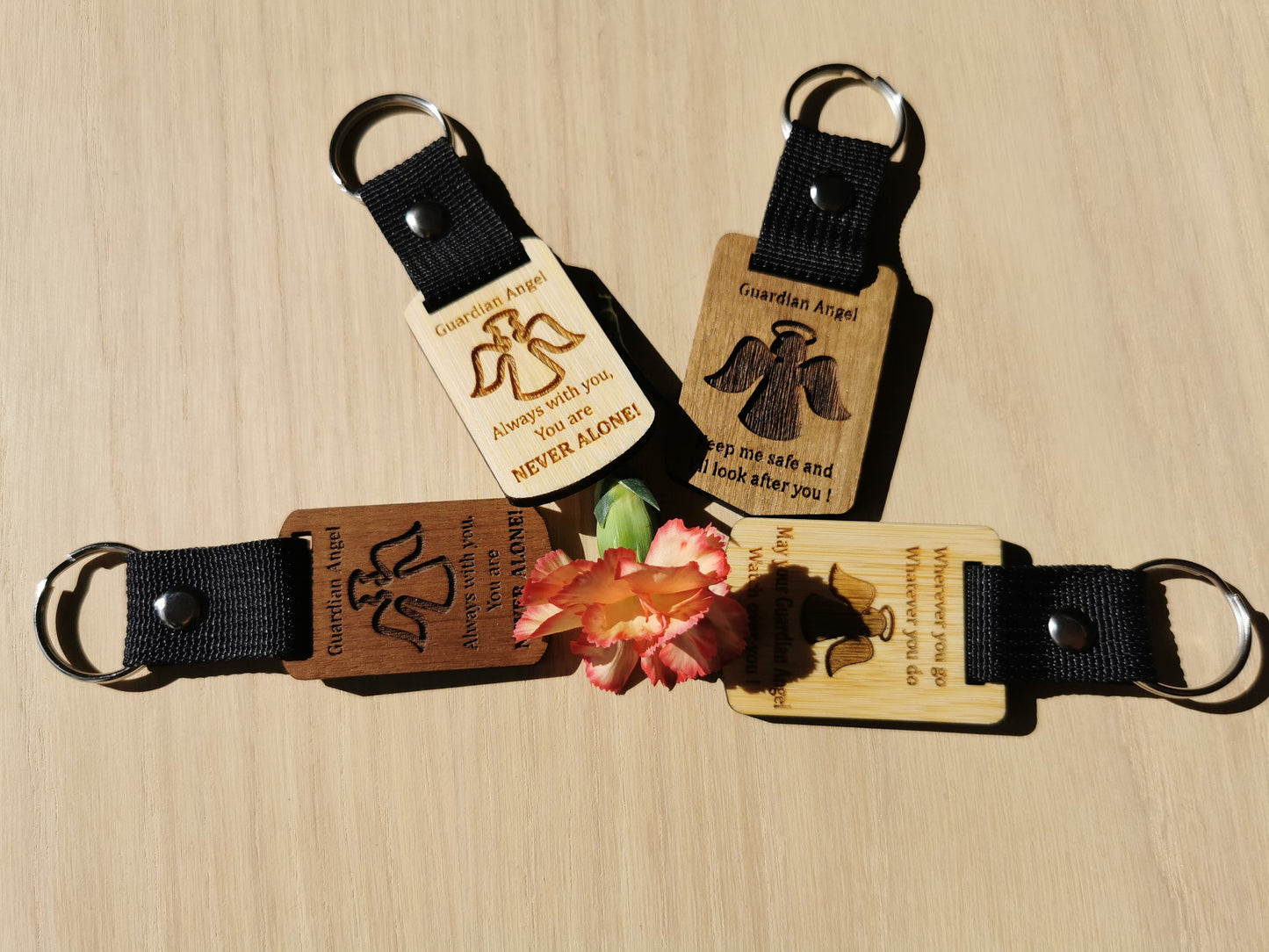 Guardian Angel keyring keychains (Walnut & Bamboo)