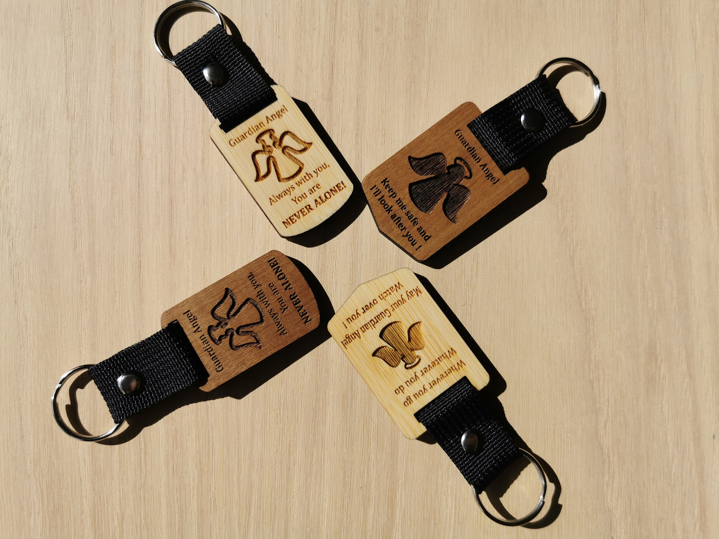 Guardian Angel keyring keychains (Walnut & Bamboo)